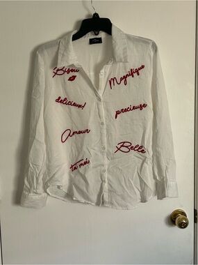White Button-Down Shirt with Red Script Embroidery